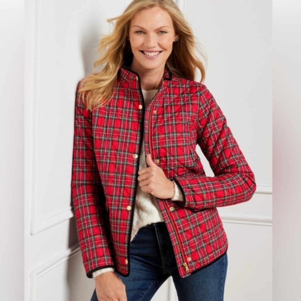 Talbots Quilted Plaid Jacket Apple Cider Red Black Corduroy Trim